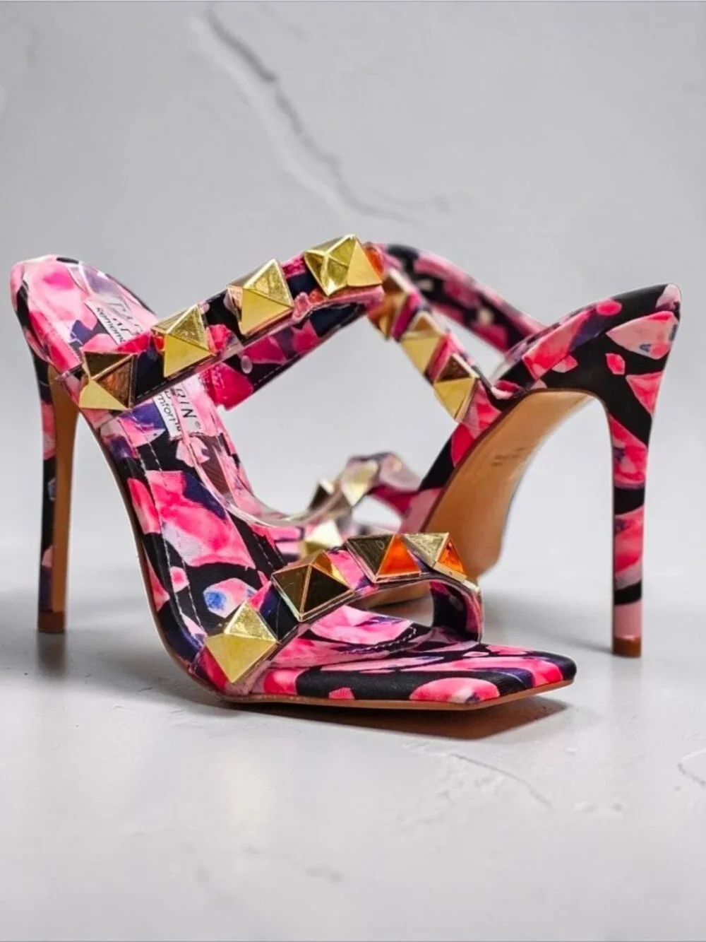 Pink & Gold Studded High Heel Sandals With Floral Pattern Open Toe Stiletto Heel - Picture 2 of 13